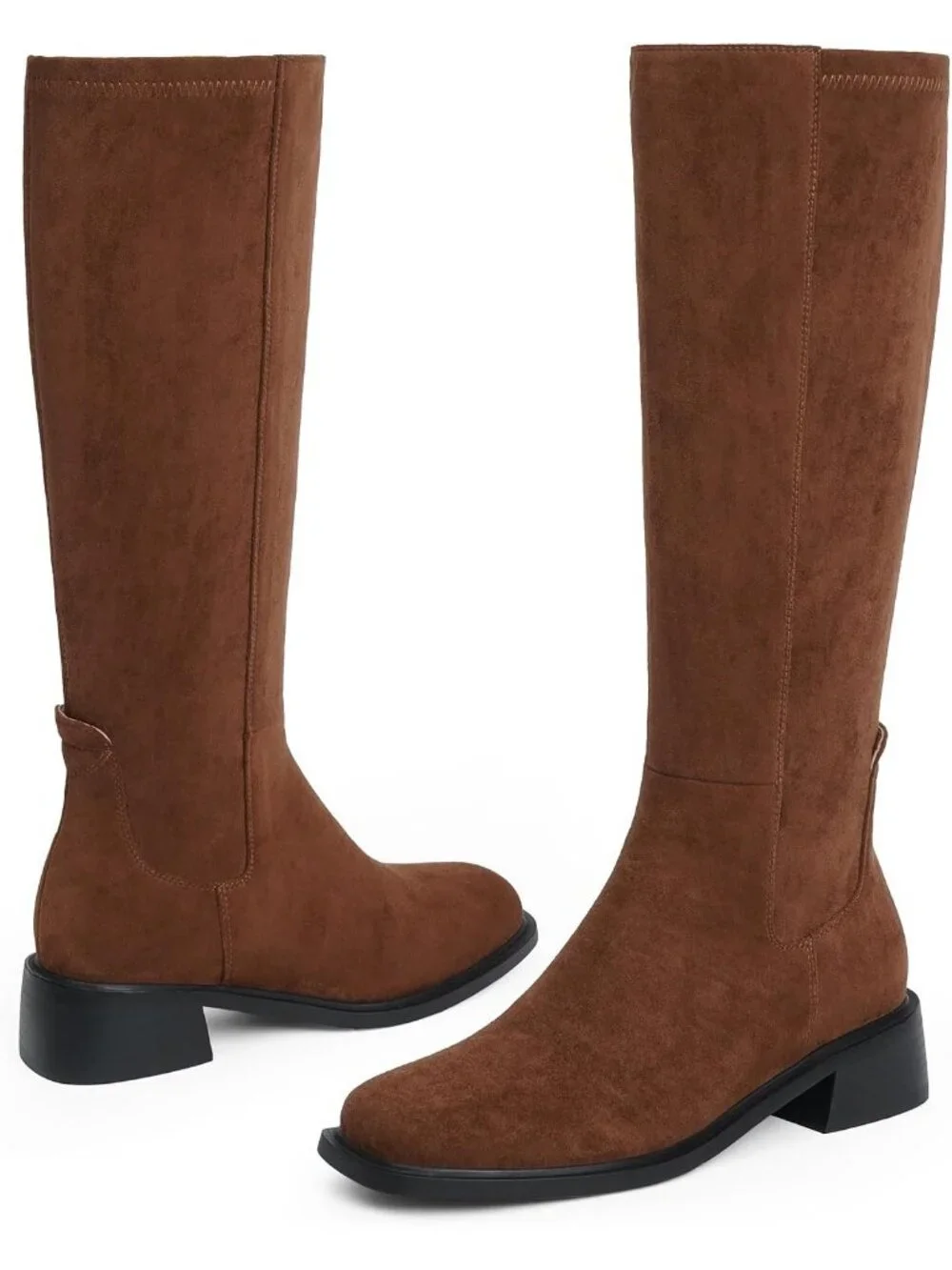 Women's Brown Faux Suede Square Toe Knee High Stretch With Side Zipper Boots